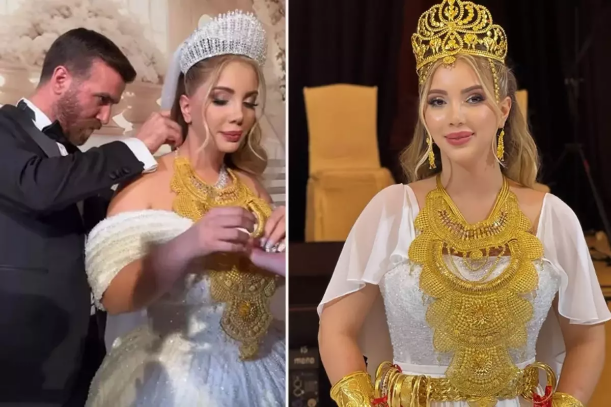 Toyda gəlinə 5 kiloqram qızıl taxdılar  Daşıya bilmədi  FOTO